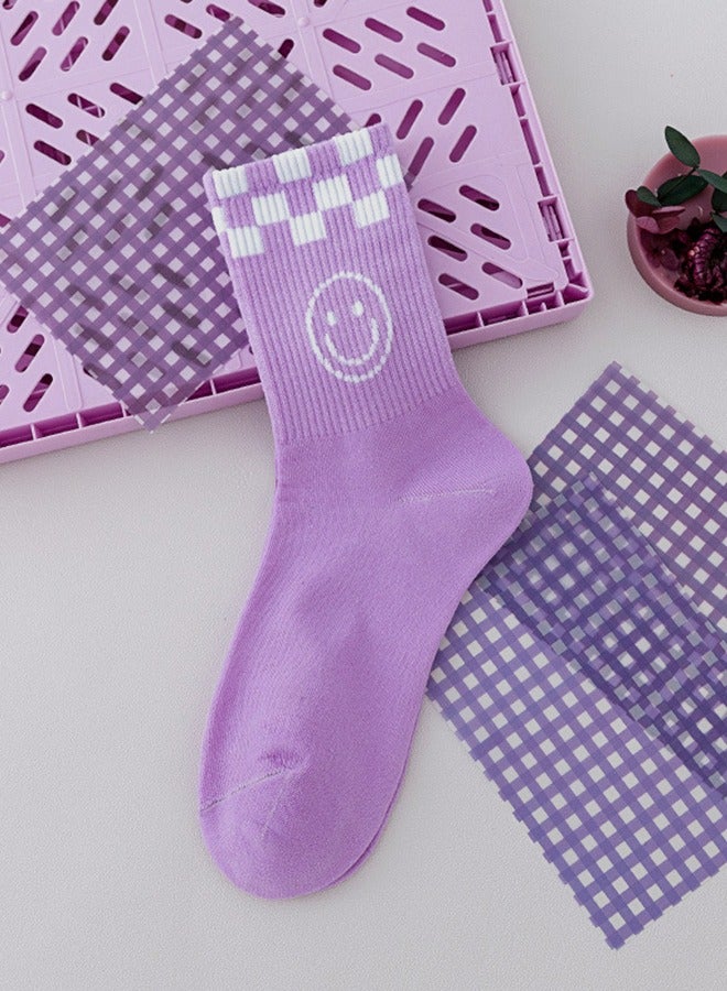 1 Pair Smiley face Plaid Crew Socks Fashion Casual White Purple Checkerboard Ankle Socks for Women Girl  - Image 2