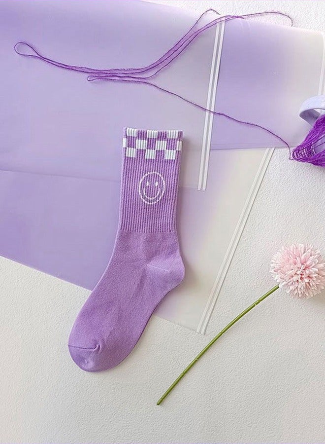 1 Pair Smiley face Plaid Crew Socks Fashion Casual White Purple Checkerboard Ankle Socks for Women Girl  - Image 3