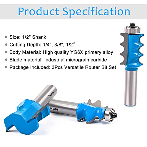Flytuo 3PCS Architectural Molding Router Bit Set, 1/2" Shank, Corner Rounding & Edge-Forming for Woodworking Milling - Image 5