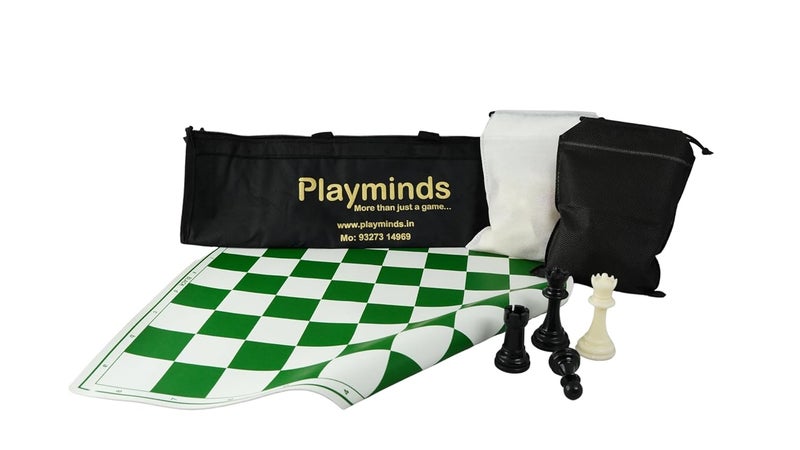 Playminds مجموعة شطرنج احترافية بحجم 20'' X 20'' مع لوحة شطرنج قابلة للطي من الفينيل الأخضر مع قطع بلاستيكية صلبة مع ملكات إضافية وحقيبة سوداء، للأطفال والبالغين - Image 2