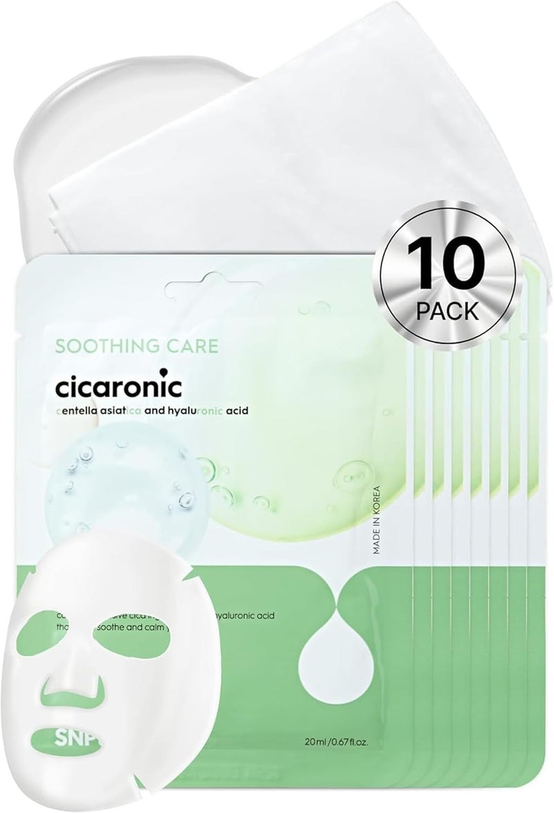 SNP Prep Cicaronic Daily Sheet Mask Korean Face Mask with Centella Asiatica Triple Hyaluronic Acid and Natural Soothing Extracts for Sensitive Skin Hydration and Barrier Support 10 Sheets