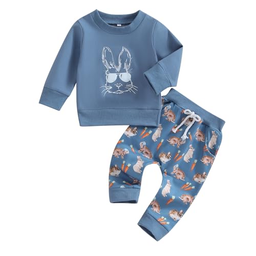 YINGISFITM Toddler Baby Boy Easter Outfit Bunny Long Sleeve Crewneck Sweatshirt Shirt Top Pants Winter Spring Clothes (Blue Bunny, 18-24 Months) - Image 1