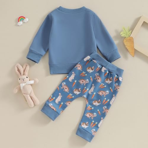 YINGISFITM Toddler Baby Boy Easter Outfit Bunny Long Sleeve Crewneck Sweatshirt Shirt Top Pants Winter Spring Clothes (Blue Bunny, 18-24 Months) - Image 4