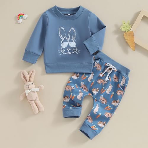 YINGISFITM Toddler Baby Boy Easter Outfit Bunny Long Sleeve Crewneck Sweatshirt Shirt Top Pants Winter Spring Clothes (Blue Bunny, 18-24 Months) - Image 2