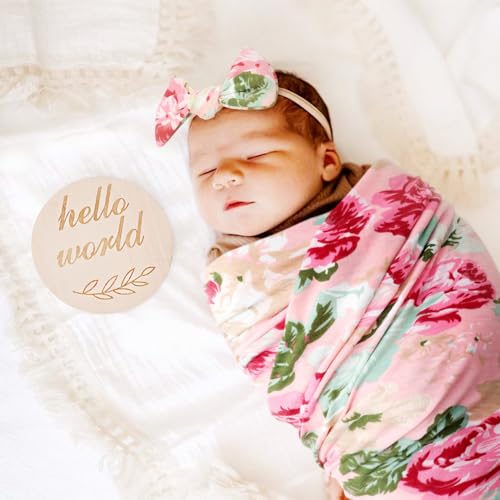 DRESHOW BQUBO Baby Girl Newborn Receiving Blanket with Bow Hat Headband Wooden Birth Announcement Card Set Baby Floral Print Nursery Swaddle Wrap - Image 3