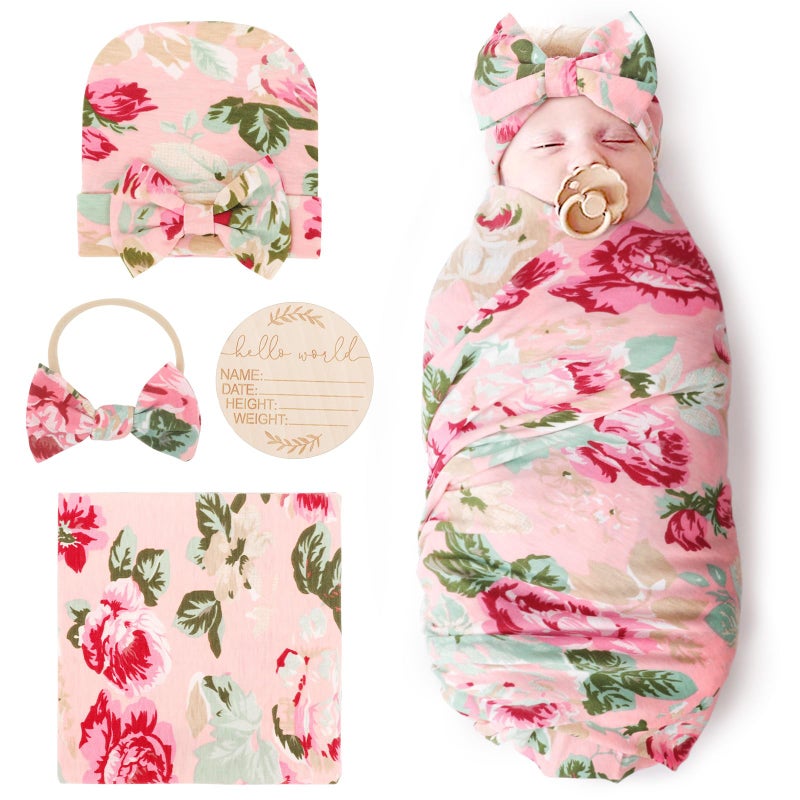 DRESHOW BQUBO Baby Girl Newborn Receiving Blanket with Bow Hat Headband Wooden Birth Announcement Card Set Baby Floral Print Nursery Swaddle Wrap - Image 2