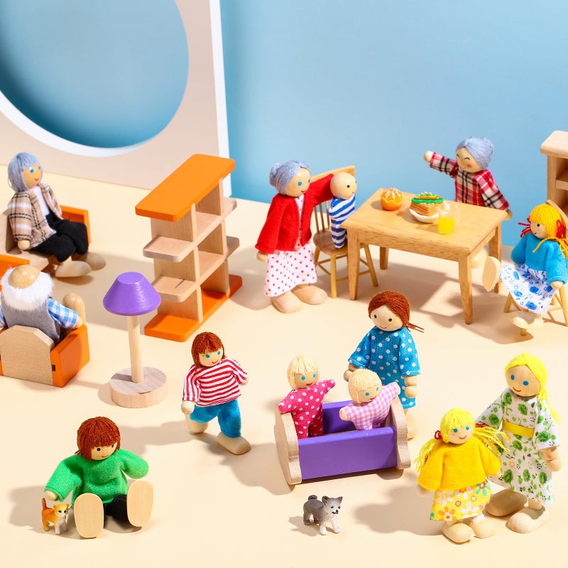 Skylety 20 Pcs Wooden Dollhouse Family Set of 16 Mini People Figures and 4 Pets, Wooden Dollhouse Dolls Cosplay Family Figures Accessories for Pretend Toy(Vivid Style) - Image 4