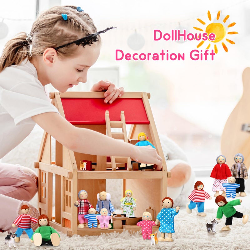 Skylety 20 Pcs Wooden Dollhouse Family Set of 16 Mini People Figures and 4 Pets, Wooden Dollhouse Dolls Cosplay Family Figures Accessories for Pretend Toy(Vivid Style) - Image 5