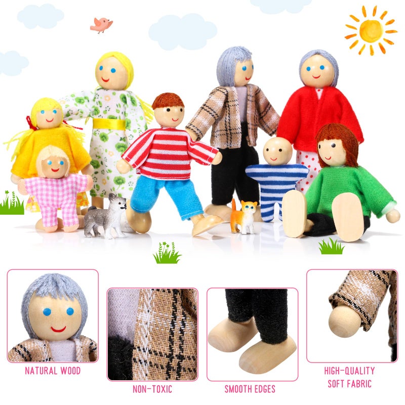 Skylety 20 Pcs Wooden Dollhouse Family Set of 16 Mini People Figures and 4 Pets, Wooden Dollhouse Dolls Cosplay Family Figures Accessories for Pretend Toy(Vivid Style) - Image 3