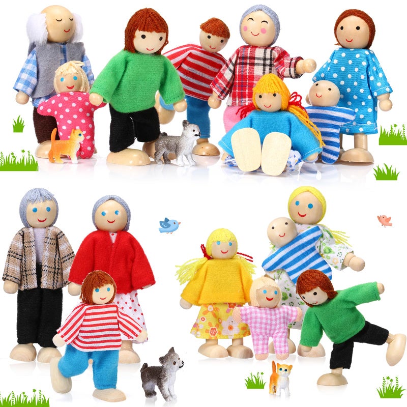 Skylety 20 Pcs Wooden Dollhouse Family Set of 16 Mini People Figures and 4 Pets, Wooden Dollhouse Dolls Cosplay Family Figures Accessories for Pretend Toy(Vivid Style) - Image 1