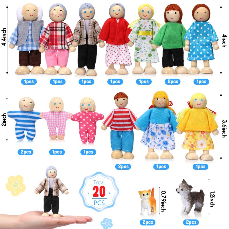 Skylety 20 Pcs Wooden Dollhouse Family Set of 16 Mini People Figures and 4 Pets, Wooden Dollhouse Dolls Cosplay Family Figures Accessories for Pretend Toy(Vivid Style) - Image 2