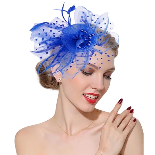 KICOFIT Fascinators Hats 20s 50s Hat Pillbox Hat Cocktail Tea Party Headwear with Veil for Girls and Women (US, Alpha, One Size, A-Blue) - Image 1