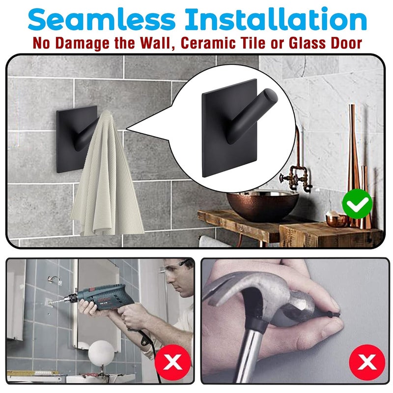 DOCOSS Stainless Steel Self Adhesive Hooks for Wall Heavy Duty Hooks for Hanging,Tower Clothes Hanger for Wall,Bathroom & Kitchen Pack of 4, Black - Image 2
