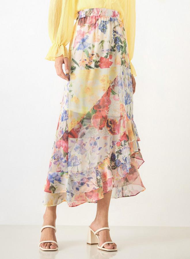 تواكستريمز تنورة بخصر مطاطي وحواف كشكش وطبعات من تو إكستريمز - Image 1