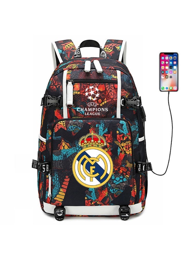 ريال مدريد الرياضة كرة القدم على ظهره مع واجهة سماعة أوسب ، الحقائب المدرسية للمراهقين وطلاب المدارس الابتدائية ، الرجال والنساء الترفيه الرياضة على الظهر - Image 1