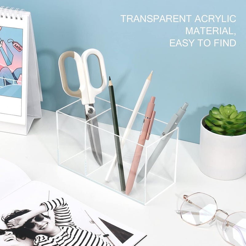 Uquelic Acrylic Pen Holder - Clear Pencil Holder Desk Organiser Makeup Brush Holder Pen Pot Organiser for Office, School, Household Supplies (16.8 x 7.6 x 9.5 cm) - Image 2