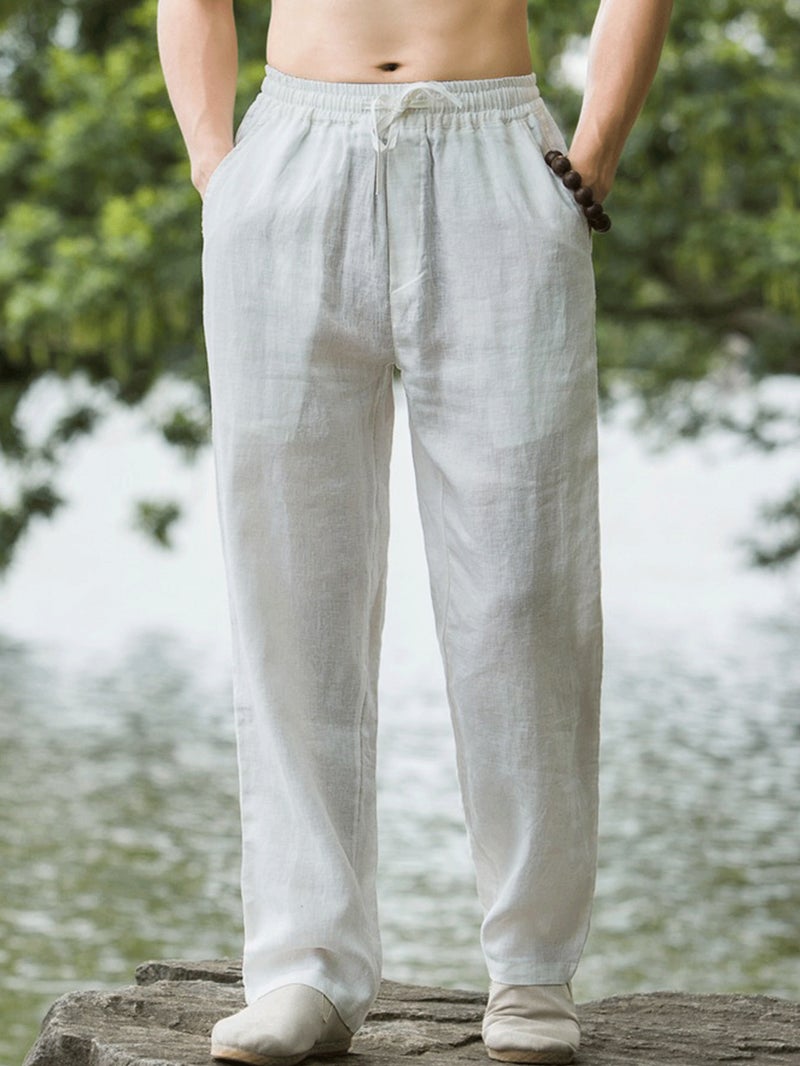 European and American Size Summer Chinese Style Men's Pants Linen Casual Trousers Loose Thin Dipping Straight Leg Wide Leg Pants - Image 2
