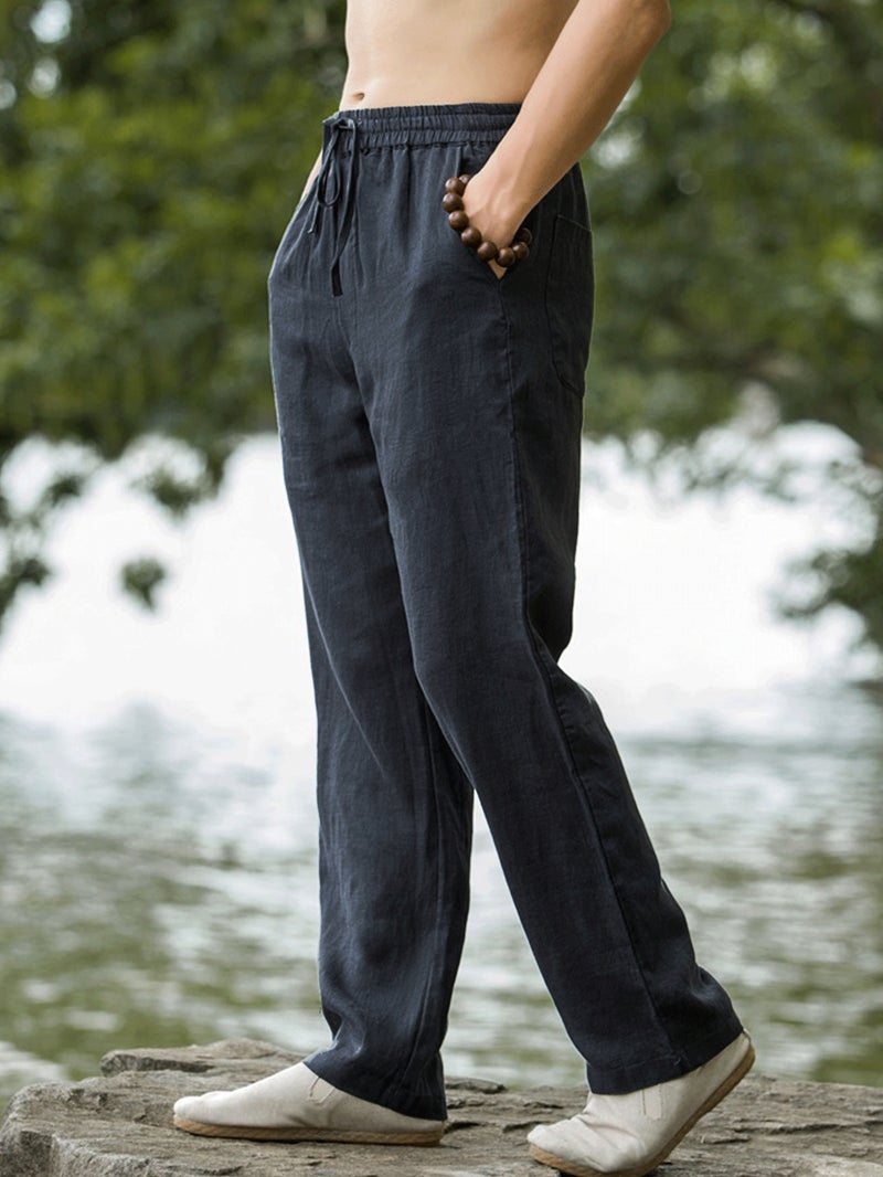 European and American Size Summer Chinese Style Men's Pants Linen Casual Trousers Loose Thin Dipping Straight Leg Wide Leg Pants - Image 5