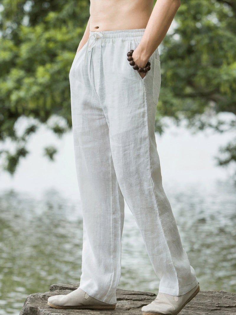 European and American Size Summer Chinese Style Men's Pants Linen Casual Trousers Loose Thin Dipping Straight Leg Wide Leg Pants - Image 3