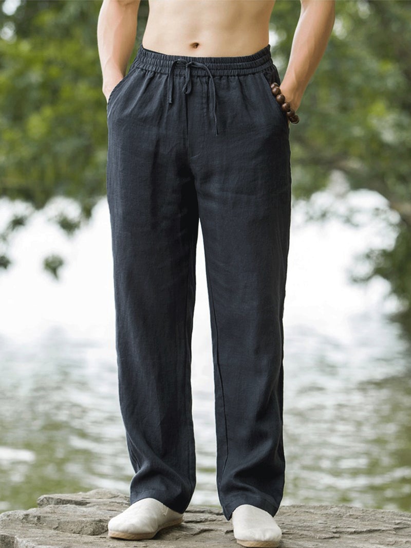 European and American Size Summer Chinese Style Men's Pants Linen Casual Trousers Loose Thin Dipping Straight Leg Wide Leg Pants - Image 4