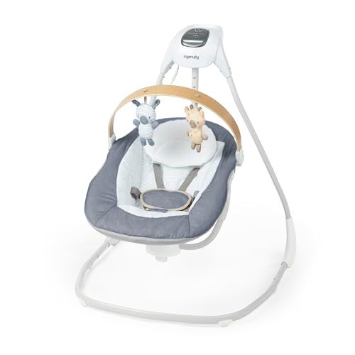 أرجوحة إنجينيتي سمبل كومفورت المدمجة المهدئة مع قضيب دوار ومقعد دوار 6 سرعات للأعمار من 09 أشهر حتى 20 رطلاً شامبره