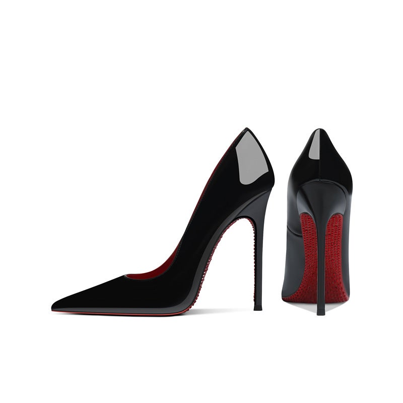 12Cm Rhinestone Red Bottom High Heels Women'S Stiletto 2025 Black Patent Leather Soft Bottom Pointed Single-Layer Shoes - Image 1