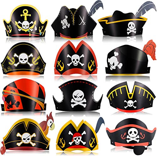 Funtery 48 Pcs Pirate Hat Halloween Pirate Party Accessories Kids Paper Costume Cap for Caribbean Cosplay Favors(Classic) - Image 1