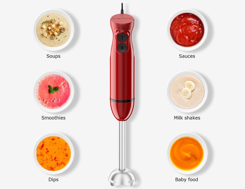 Bonsenkitchen Hand Blender, Immersion Blender with 2 Mixing Speed, Portable Electric Handheld Stick Mixer with Stainless Steel Blades for Soup, Smoothie, Puree, Baby Food, Red - Image 3