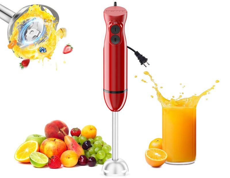 Bonsenkitchen Hand Blender, Immersion Blender with 2 Mixing Speed, Portable Electric Handheld Stick Mixer with Stainless Steel Blades for Soup, Smoothie, Puree, Baby Food, Red - Image 1