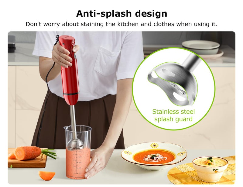 Bonsenkitchen Hand Blender, Immersion Blender with 2 Mixing Speed, Portable Electric Handheld Stick Mixer with Stainless Steel Blades for Soup, Smoothie, Puree, Baby Food, Red - Image 5