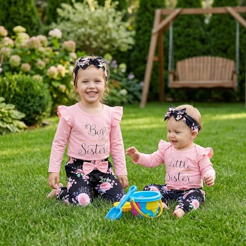 AMAWMW Sister Matching Outfits Pink Ruffle Long Sleeve Shirt Flowers Pants with Headband 3Pcs Clothes Set(Pink-Little Sister, 6-12 Months) - Image 4