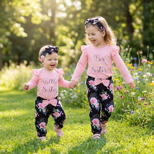 AMAWMW Sister Matching Outfits Pink Ruffle Long Sleeve Shirt Flowers Pants with Headband 3Pcs Clothes Set(Pink-Little Sister, 6-12 Months) - Image 3