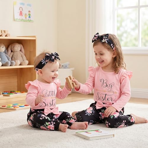 AMAWMW Sister Matching Outfits Pink Ruffle Long Sleeve Shirt Flowers Pants with Headband 3Pcs Clothes Set(Pink-Little Sister, 6-12 Months) - Image 2