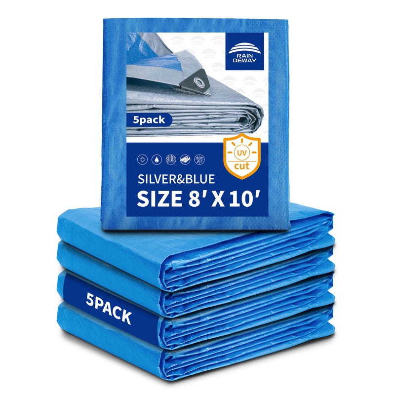 RAINDEWAY Tarps 8X10 Feet (Pack Of 5) - 5.5 Mil  Multipurpose Waterproof Poly Tarp Cover With Metal Grommets And Reinforced Edges  Silver/Blue Tarp By Raindeway - Image 1