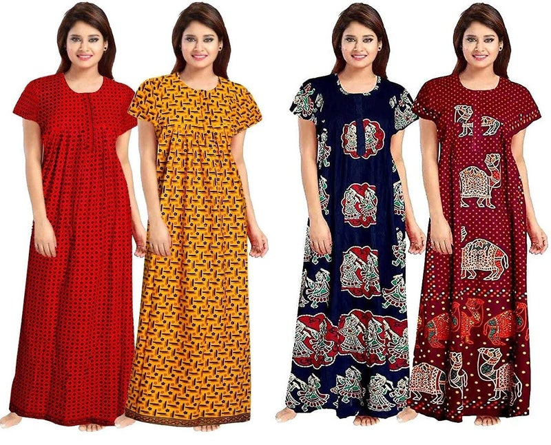 NEGLIGEE Women's Cotton Printed Maxi Nightgown Nighty for Women Ankle Length Night Dress - Pack of 4 (Free Size, Multicolor, Option 07) - Image 1