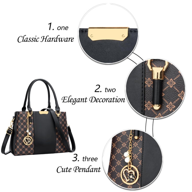KKXIU 3 Zippered Compartments Purses and Handbags for Women Top Handle Satchel Shoulder Ladies Bags (C-black flower pattern) - Image 3