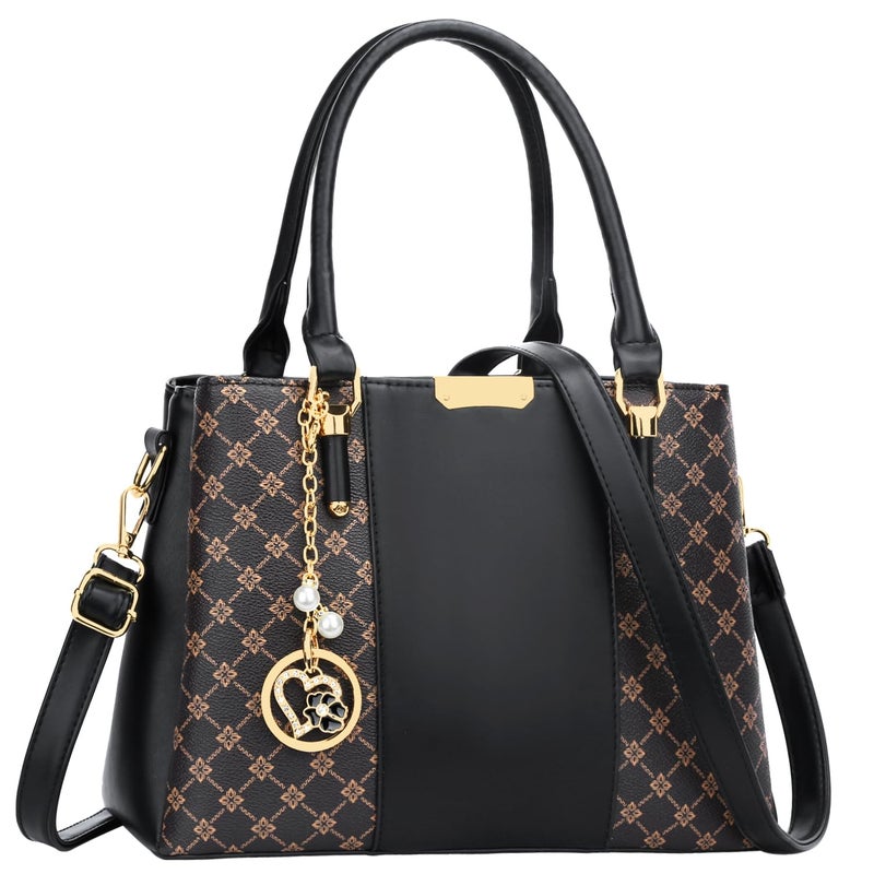 KKXIU 3 Zippered Compartments Purses and Handbags for Women Top Handle Satchel Shoulder Ladies Bags (C-black flower pattern) - Image 1