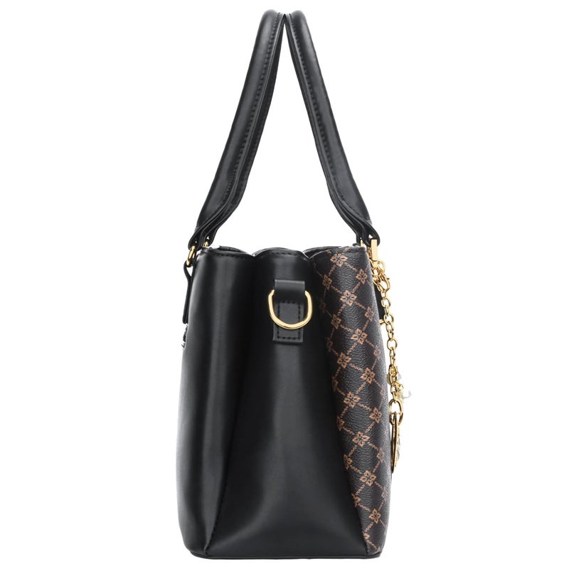 KKXIU 3 Zippered Compartments Purses and Handbags for Women Top Handle Satchel Shoulder Ladies Bags (C-black flower pattern) - Image 5