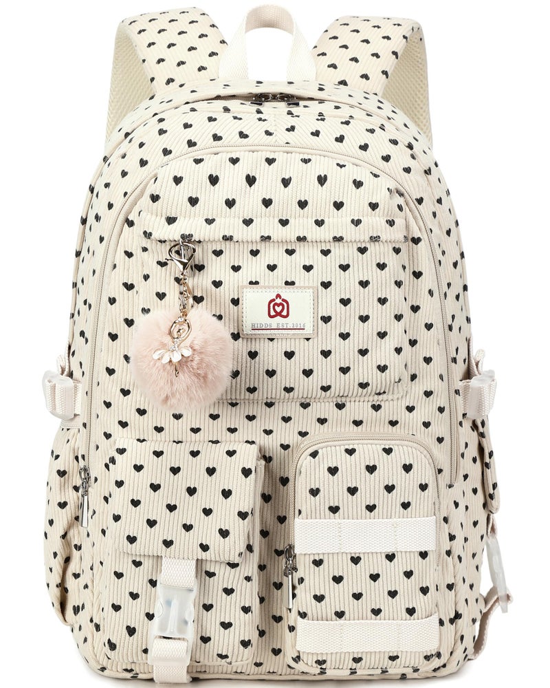 Hidds School Backpack for Teens Girls Women 156 Inch Laptop College Backpacks Corduroy Work Bag Kids Elementary Middle High School Bookbag Students Back Pack Travel Daypack WomensCorduroy Beige Heart1 - Image 2