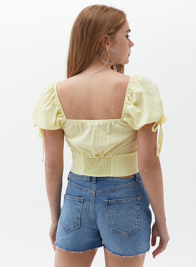 Women Yellow Square Neck Puff Sleeve Blouse