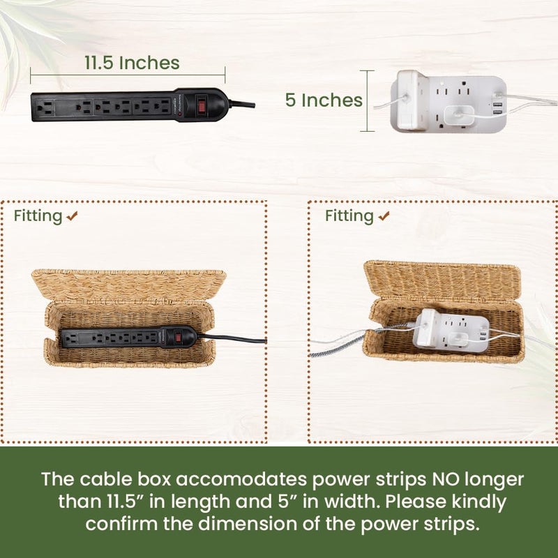 Cantalop Cable Management Box, Handmade Rattan Cable Organizer with 2 Open Slots, Cord Hider for Power Strip, Router & USB Hub, Registered U.S. Design Patent (D1,112,102), 13" x 5.1" x 5.1", Natural - Image 3