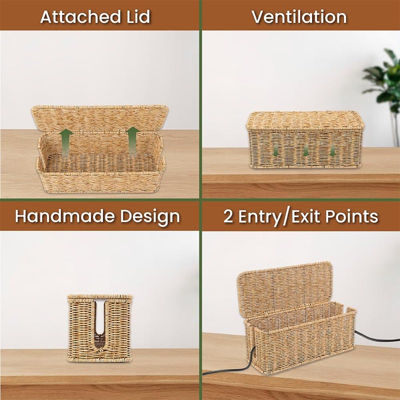 Cantalop Cable Management Box, Handmade Rattan Cable Organizer with 2 Open Slots, Cord Hider for Power Strip, Router & USB Hub, Registered U.S. Design Patent (D1,112,102), 13" x 5.1" x 5.1", Natural - Image 5
