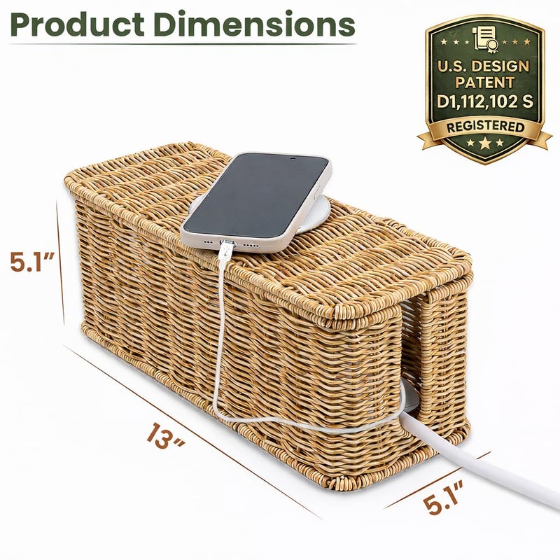 Cantalop Cable Management Box, Handmade Rattan Cable Organizer with 2 Open Slots, Cord Hider for Power Strip, Router & USB Hub, Registered U.S. Design Patent (D1,112,102), 13" x 5.1" x 5.1", Natural - Image 2