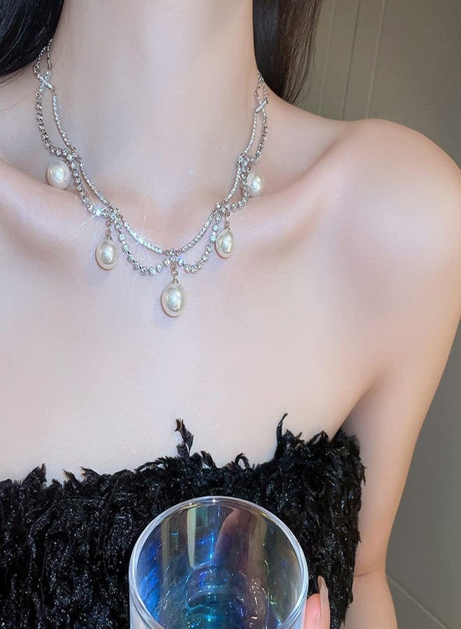 Wiwpar Bohemia Sparkly Rhinestone Pearl Choker Necklace Dainty Layered Necklace Silver Chain Jewelry Prom Party Costume Jewelry for Women - Image 4