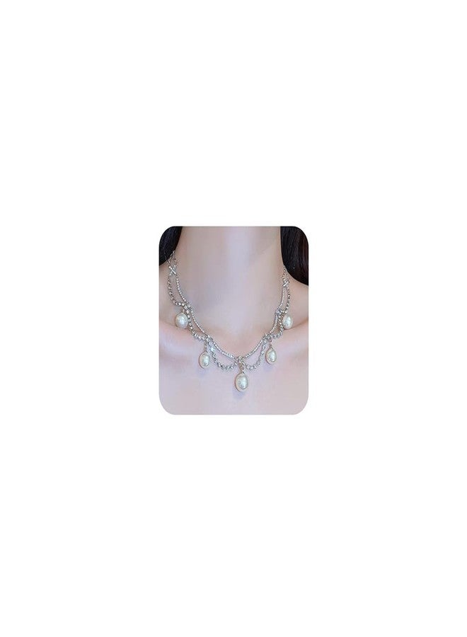Wiwpar Bohemia Sparkly Rhinestone Pearl Choker Necklace Dainty Layered Necklace Silver Chain Jewelry Prom Party Costume Jewelry for Women - Image 1