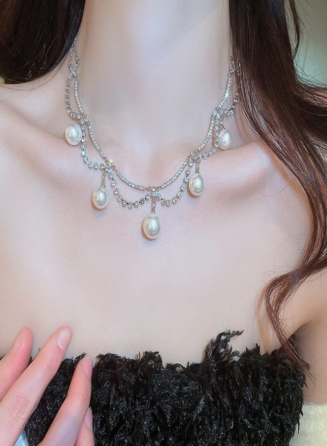 Wiwpar Bohemia Sparkly Rhinestone Pearl Choker Necklace Dainty Layered Necklace Silver Chain Jewelry Prom Party Costume Jewelry for Women - Image 3