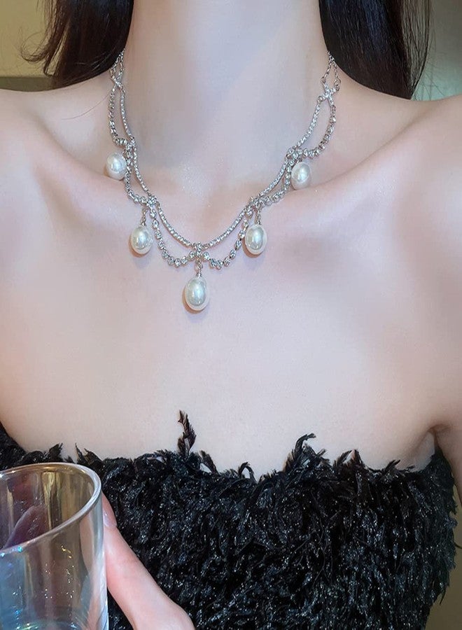Wiwpar Bohemia Sparkly Rhinestone Pearl Choker Necklace Dainty Layered Necklace Silver Chain Jewelry Prom Party Costume Jewelry for Women - Image 5