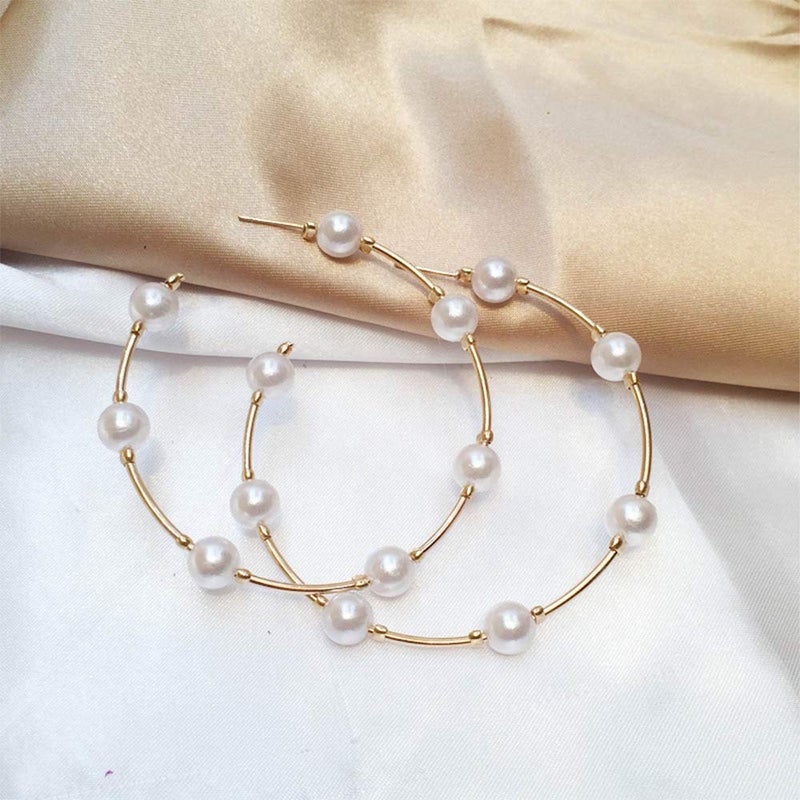 Chmier Aimimier Bridal Pearl Hoop Earrings Vintage Large Round Loop Earrings Wedding Prom Party Festival Jewelry for Women and Girls - Image 3