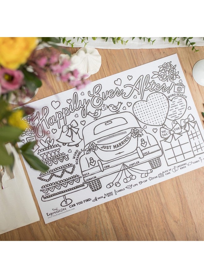 Tiny Expressions - Wedding Activity Placemats for Kids - Pack of 12 Disposable Coloring Paper Mats for Wedding Table Décor, Includes Activities & Games for Kids - Image 4