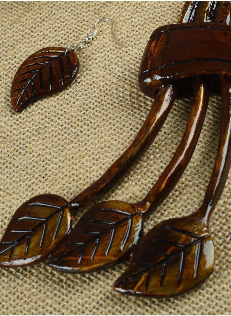 N & H - Women's Coconut Shell Branch Leaves Design Necklace with Earrings Set - Image 1